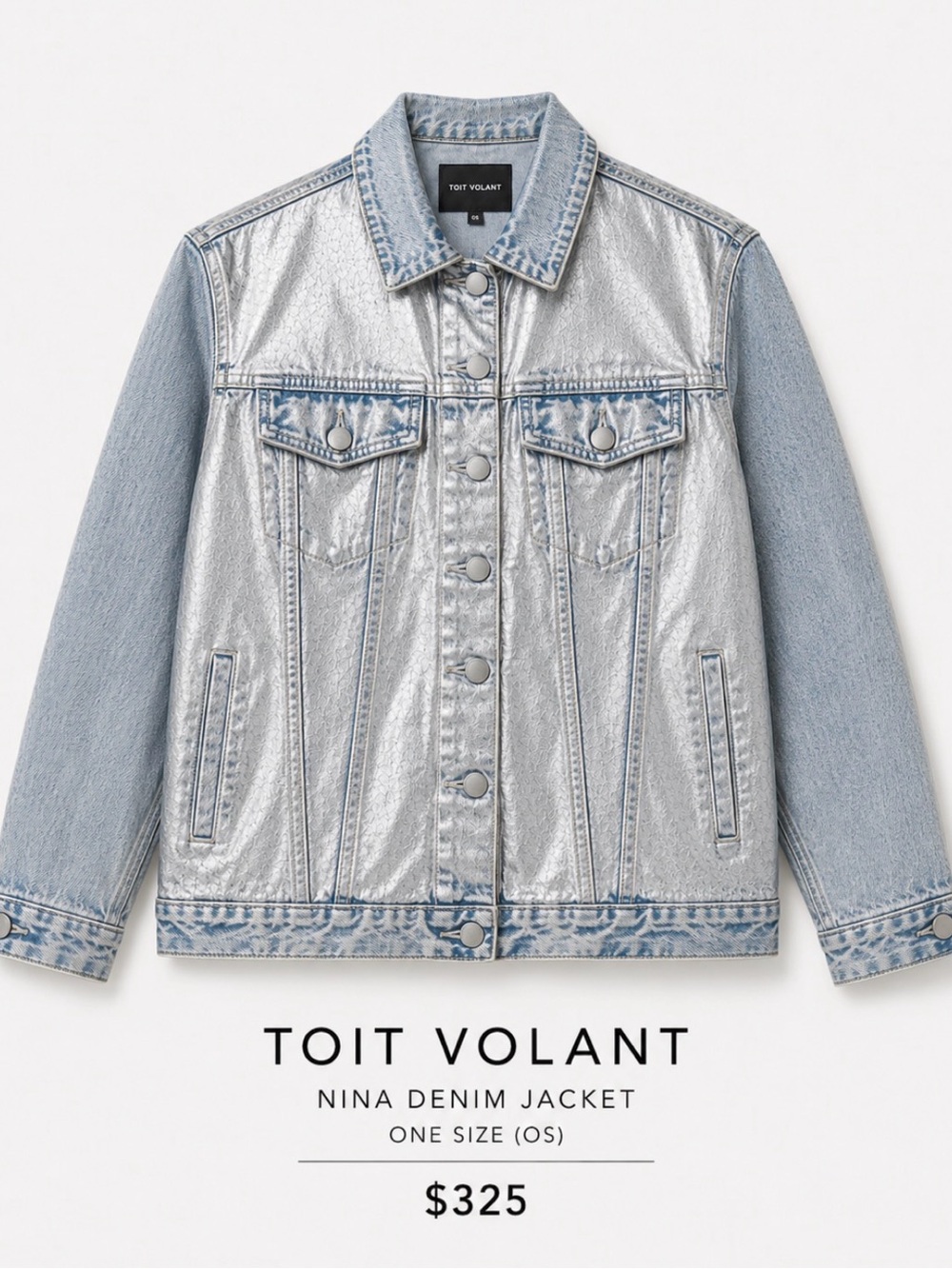 NWT Toit Volant Nina Metallic Denim Jacket One Size Oversized Silver Foil